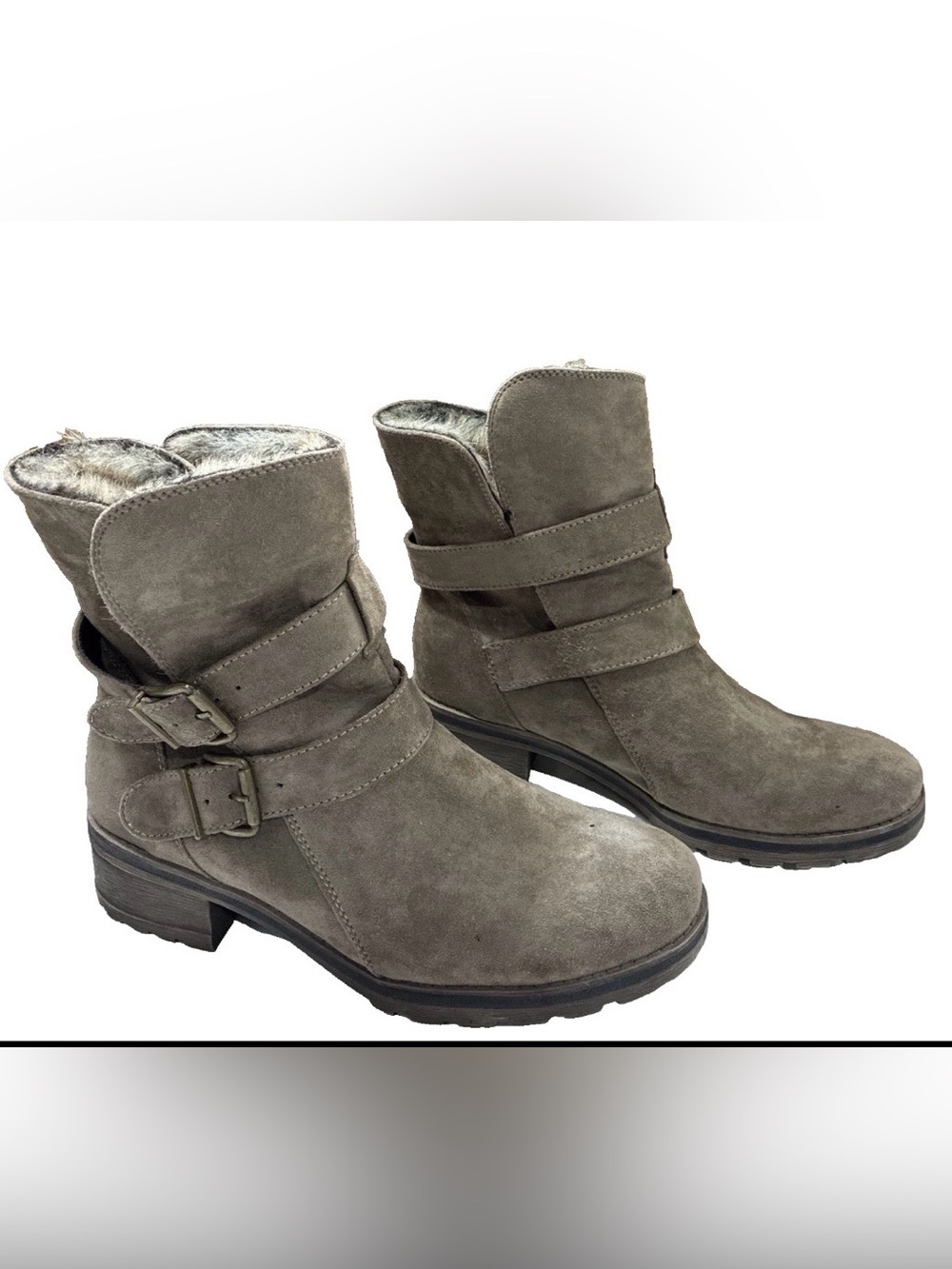 WHITE MOUNTAIN CHASTITY Boots Brown Tan Suede Faux Fur Buckles Women's Sz 8.5